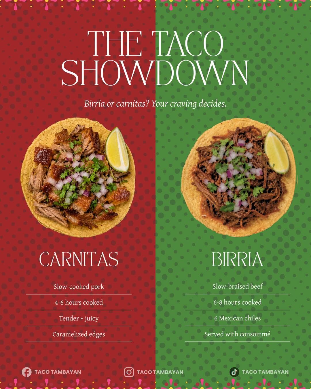 Carnitas versus birria Taco Showdown static post